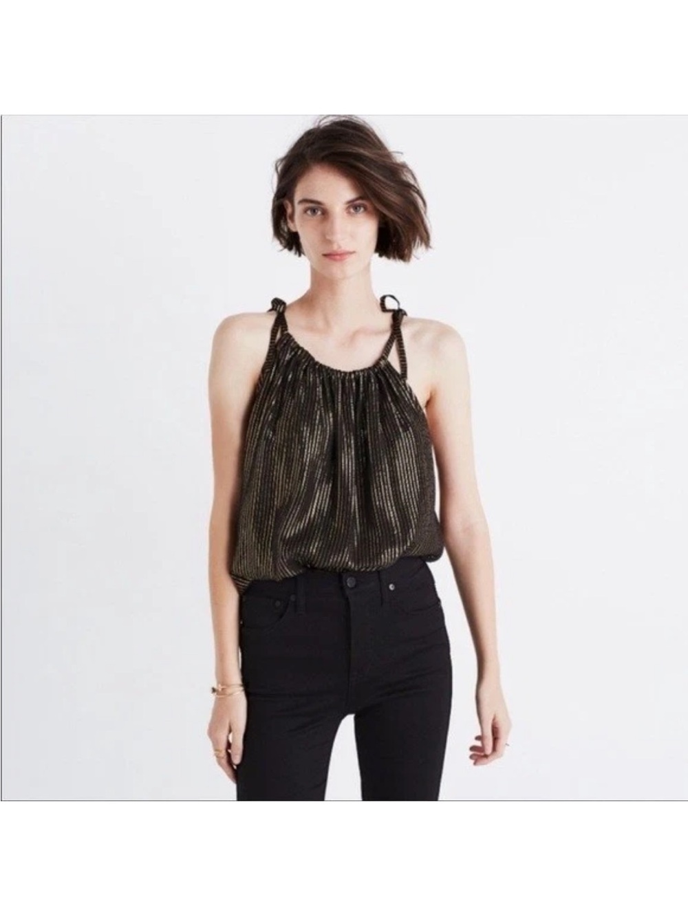 Madewell Gold Metallic Striped Black Top Womens Sleeveless Silk Size 2 Party